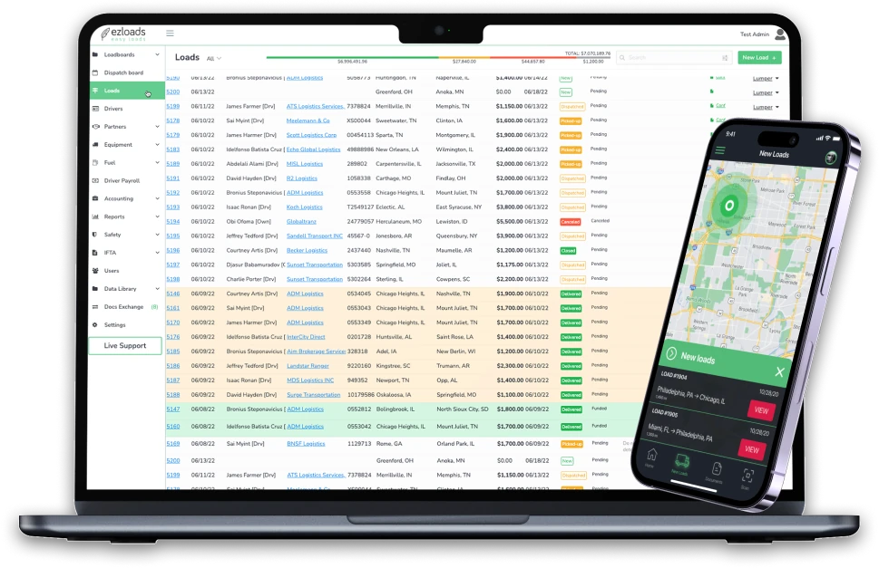 EZ Loads TMS on a laptop and the EZ Loads driver app on a phone