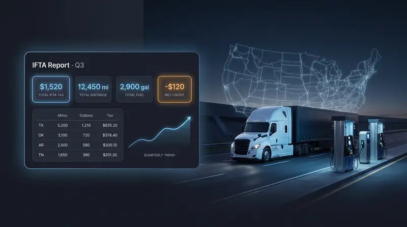 IFTA quarterly report with state-by-state miles, gallons and tax, next to a semi-truck at diesel pumps