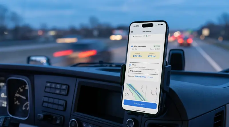 IFTA Tracker app recording a drive on a phone mounted in a truck cab