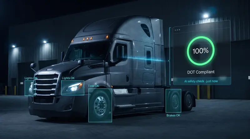 AI safety check highlighting a truck's lights, tires and brakes, with a 100% DOT Compliant score